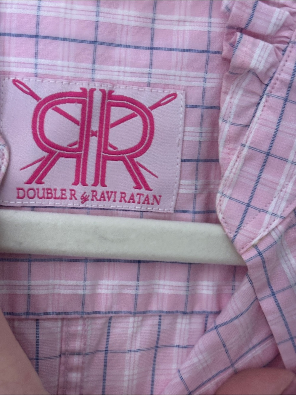 Pink, White, & Blue Plaid 100% Cotton Button-Down Shirt with Ruffle Detail ~ Med - Picture 14 of 15